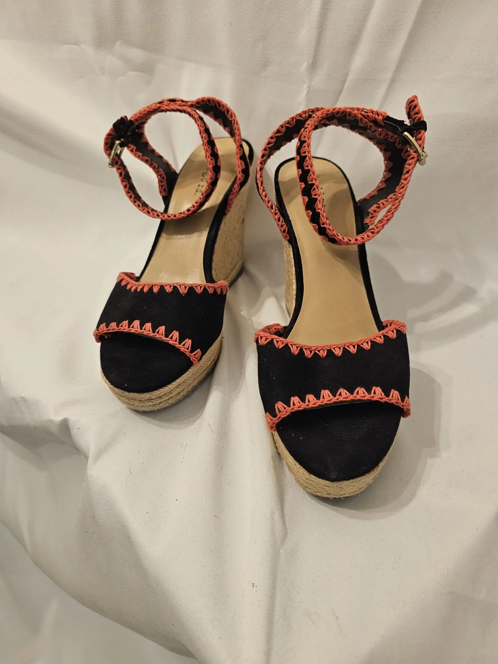Indigo Black Wedge Sandals with Coral Stitching